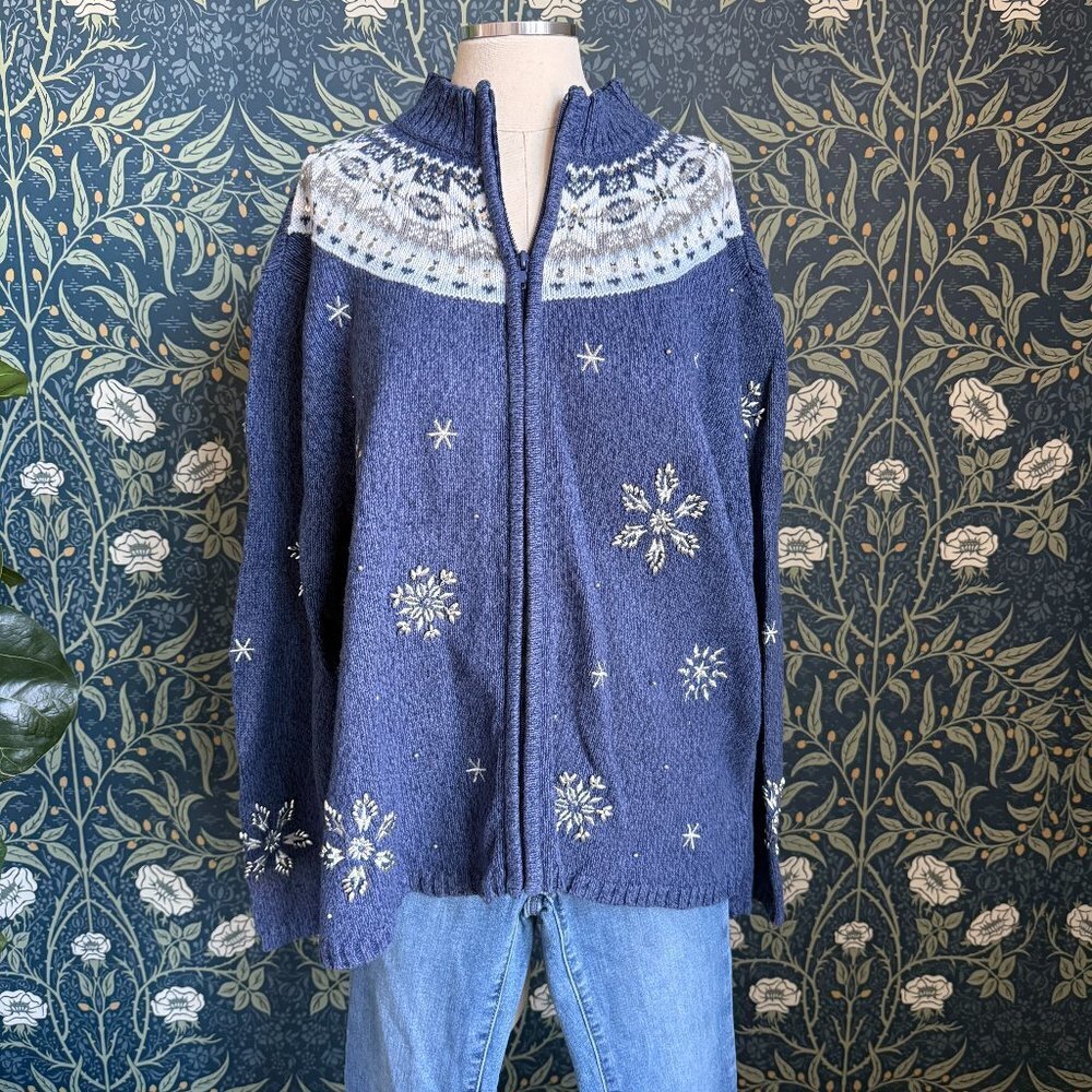 Vintage 90s Zip Up Fair Isle Nordic Snowflake Cotton & Ramie Cardigan
